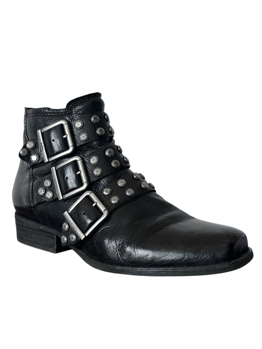Zodiac Women’s Adele Buttery Black Leather Moto Booties Studded Multi Buckle 7
